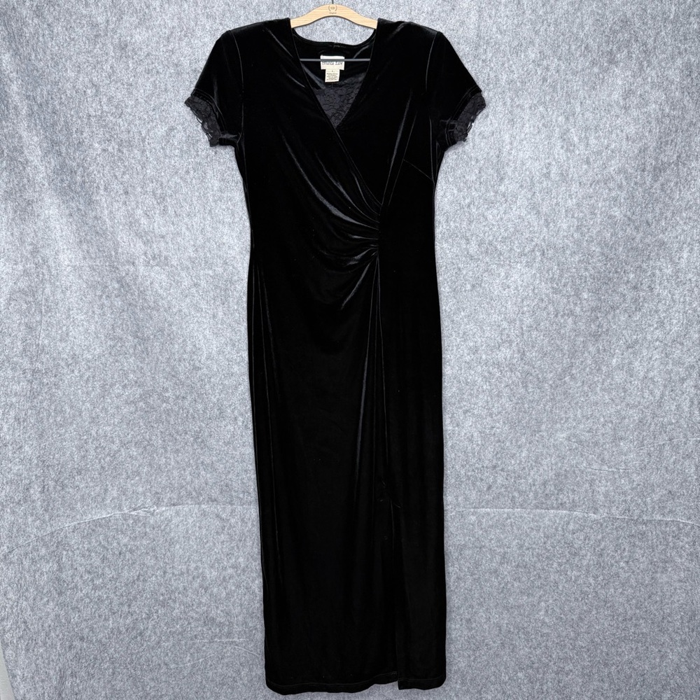 Amanda Lane Vintage Black Velvet Faux Wrap Maxi Dress-‎ Sz 8